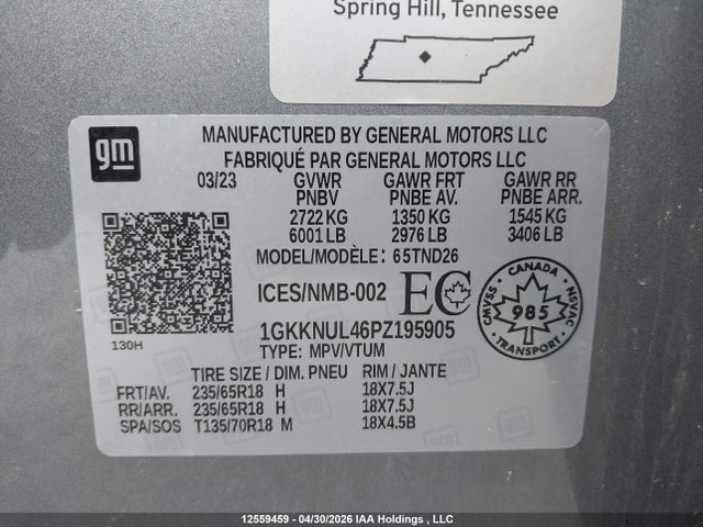 Aukcja sprzedaży 2023 Gmc Acadia Slt, vin: 1GKKNUL46PZ195905, numer aukcji: 12559459