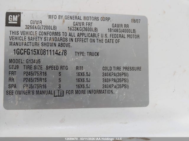 Продаж на аукціоні авто 2008 Chevrolet Express Work Van, vin: 1GCFG15X081114278, номер лоту: 12559470