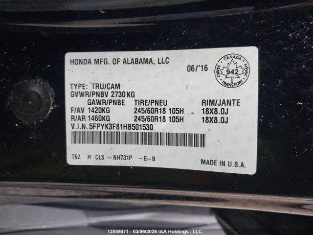 2017 Honda Ridgeline Black Edition მანქანა იყიდება აუქციონზე, vin: 5FPYK3F81HB501530, აუქციონის ნომერი: 12559471