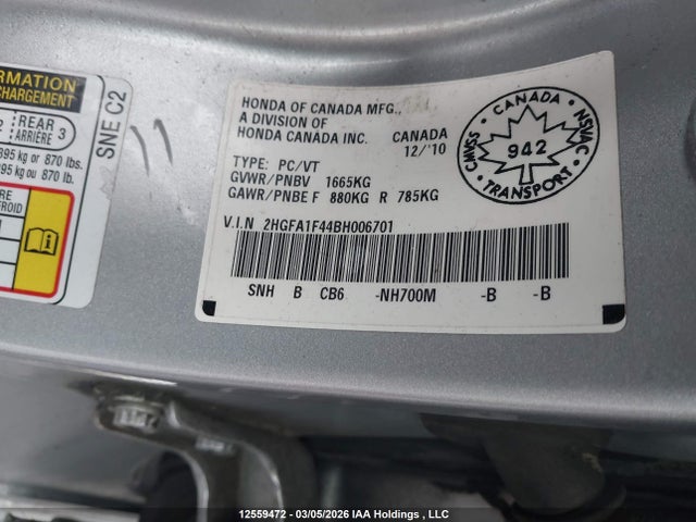 12559472 :رقم المزاد ، 2HGFA1F44BH006701 vin ، 2011 Honda Civic Dx-g مزاد بيع