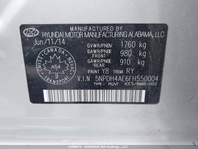 12559474 :رقم المزاد ، 5NPDH4AE6FH550004 vin ، 2015 Hyundai Elantra مزاد بيع