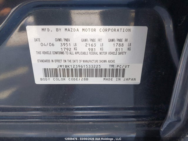 Aukcja sprzedaży 2006 Mazda Mazda3, vin: JM1BK123961533225, numer aukcji: 12559476