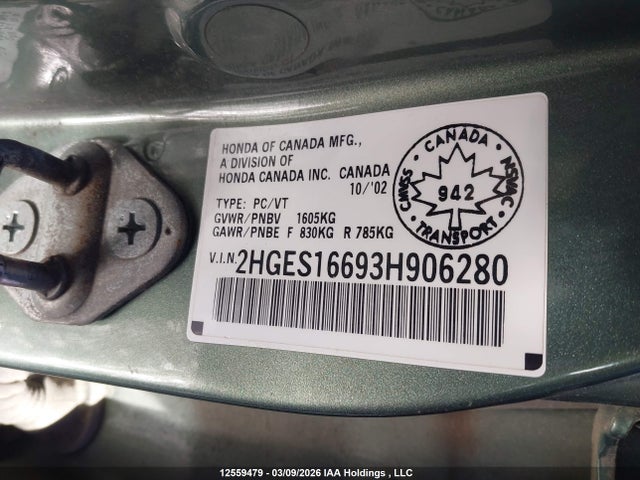 2003 Honda Civic Lx მანქანა იყიდება აუქციონზე, vin: 2HGES16693H906280, აუქციონის ნომერი: 12559479