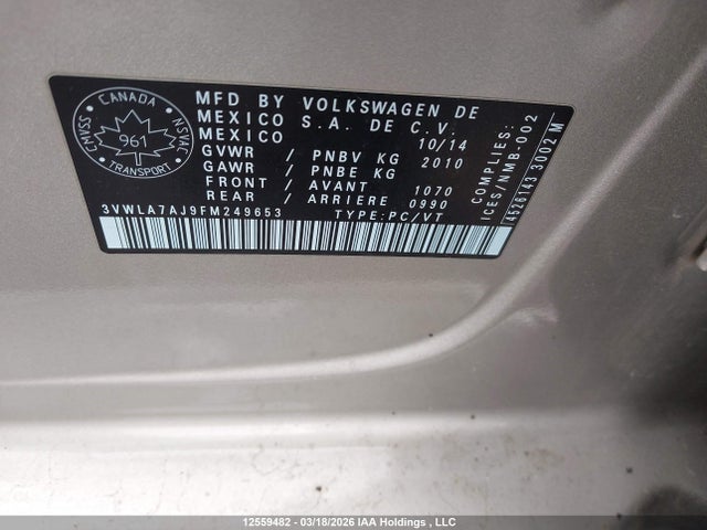 Продажа на аукционе авто 2015 Volkswagen Jetta Tdi, vin: 3VWLA7AJ9FM249653, номер лота: 12559482