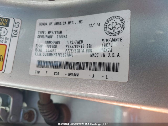 12559484 :رقم المزاد ، 5J6RM4H97FL801841 vin ، 2015 Honda Cr-v Touring مزاد بيع