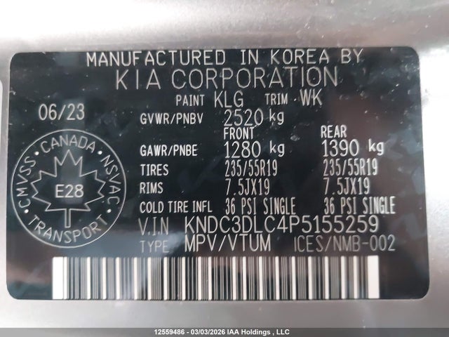 12559486 :رقم المزاد ، KNDC3DLC4P5155259 vin ، 2023 Kia Ev6 Long Range مزاد بيع