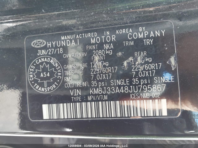 2018 Hyundai Tucson Se 2.0l მანქანა იყიდება აუქციონზე, vin: KM8J33A48JU795867, აუქციონის ნომერი: 12559504