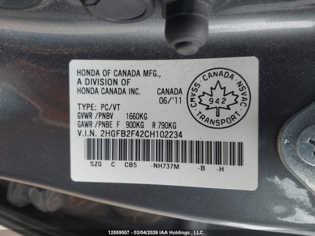 12559507 :رقم المزاد ، 2HGFB2F42CH102234 vin ، 2012 Honda Civic Lx مزاد بيع