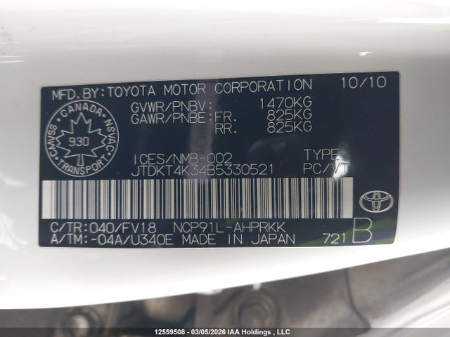 12559508 :رقم المزاد ، JTDKT4K34B5330521 vin ، 2011 Toyota Yaris مزاد بيع