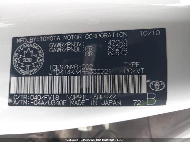 12559508 :رقم المزاد ، JTDKT4K34B5330521 vin ، 2011 Toyota Yaris مزاد بيع