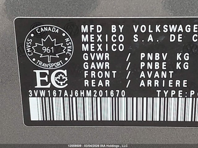 12559509 :رقم المزاد ، 3VW167AJ6HM201670 vin ، 2017 Volkswagen Jetta S مزاد بيع