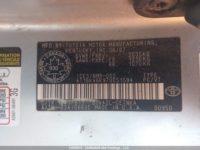 12559510 :رقم المزاد ، 4T1BK46K97U051594 vin ، 2007 Toyota Camry Le/xle/se مزاد بيع