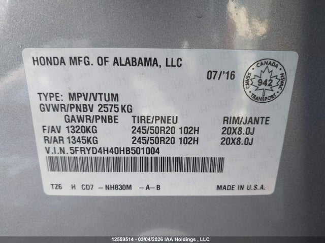 Aukcja sprzedaży 2017 Acura Mdx Navi, vin: 5FRYD4H40HB501004, numer aukcji: 12559514