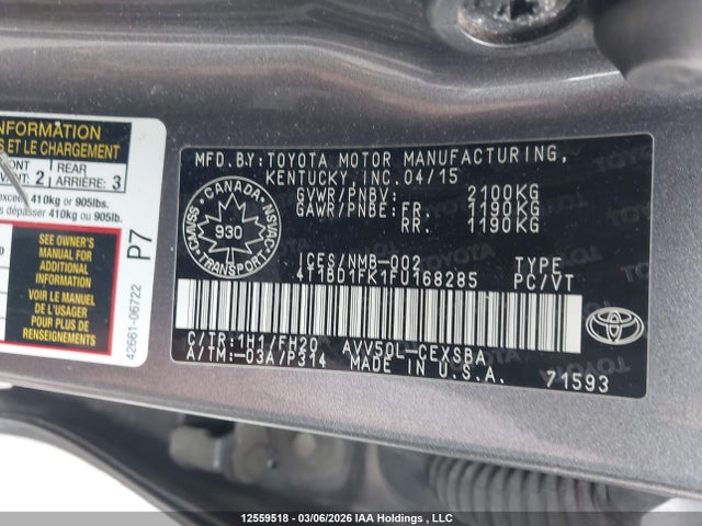 Aukcja sprzedaży 2015 Toyota Camry, vin: 4T1BD1FK1FU168285, numer aukcji: 12559518