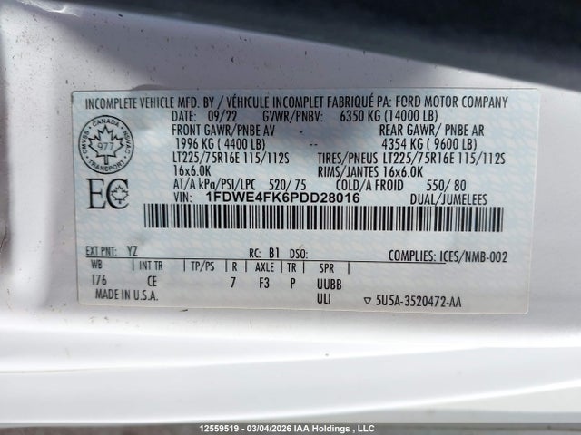 Продаж на аукціоні авто 2023 Ford Econoline E450 Super Duty Cutaway Van, vin: 1FDWE4FK6PDD28016, номер лоту: 12559519