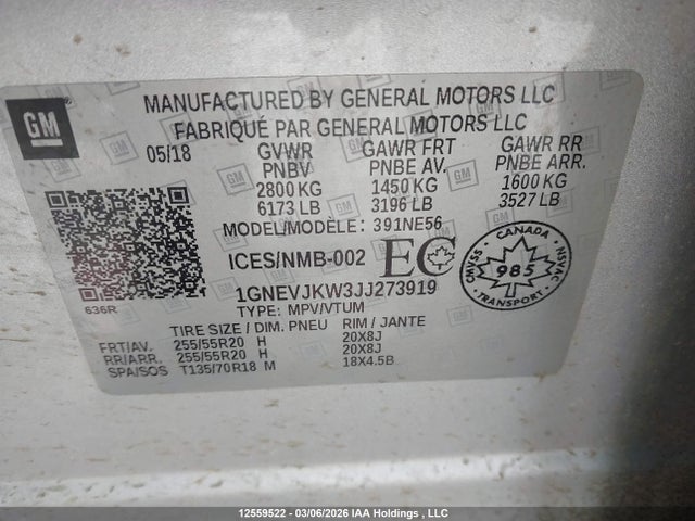 1GNEVJKW3JJ273919 Chevrolet Traverse Premier
