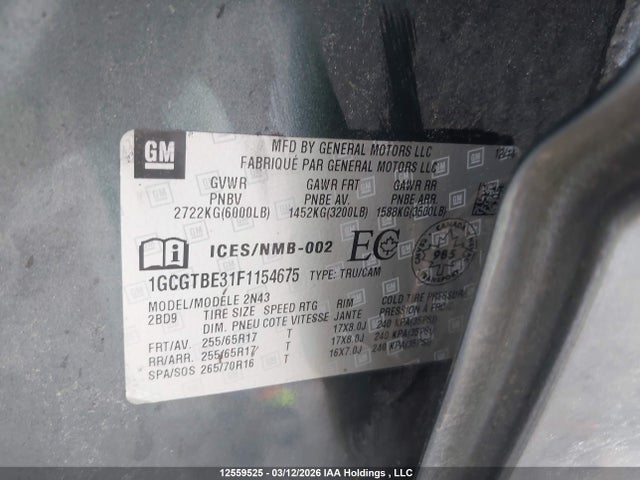 2015 Chevrolet Colorado Lt მანქანა იყიდება აუქციონზე, vin: 1GCGTBE31F1154675, აუქციონის ნომერი: 12559525