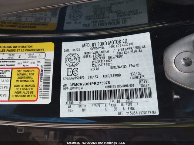 12559526 :رقم المزاد ، 3FMCR9B61PRD75975 vin ، 2023 Ford Bronco Sport Big Bend مزاد بيع