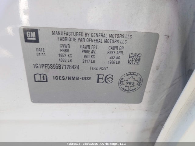 Aukcja sprzedaży 2011 Chevrolet Cruze Lt, vin: 1G1PF5S96B7178424, numer aukcji: 12559538