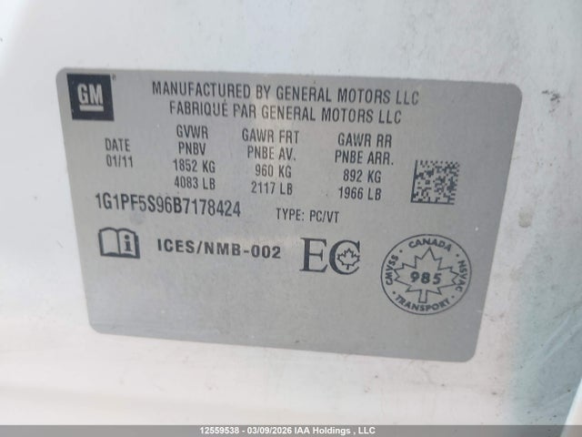 Aukcja sprzedaży 2011 Chevrolet Cruze Lt, vin: 1G1PF5S96B7178424, numer aukcji: 12559538