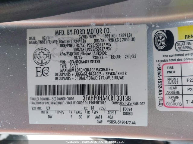 Продаж на аукціоні авто 2012 Ford Fusion Se, vin: 3FAHP0HA4CR133138, номер лоту: 12559549