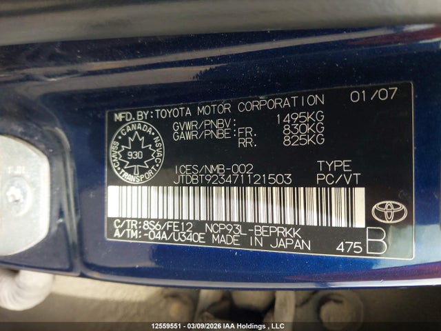 Aukcja sprzedaży 2007 Toyota Yaris, vin: JTDBT923471121503, numer aukcji: 12559551
