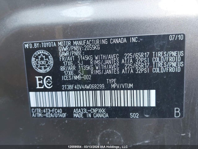 Aukcja sprzedaży 2010 Toyota Rav4, vin: 2T3BF4DV4AW068299, numer aukcji: 12559554
