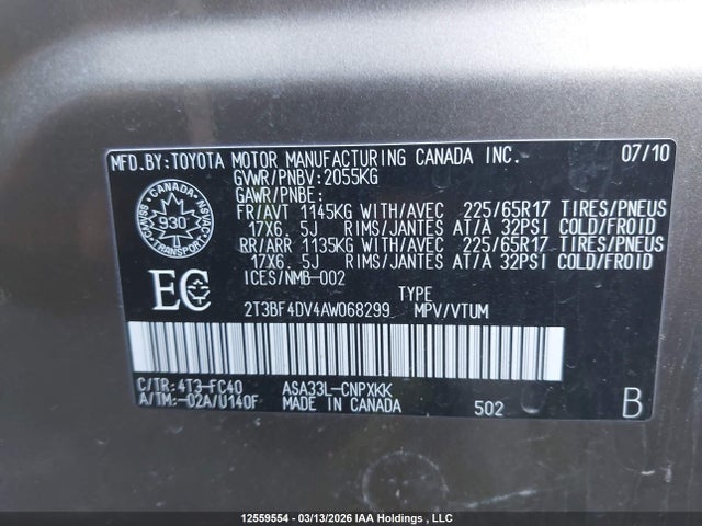 Aukcja sprzedaży 2010 Toyota Rav4, vin: 2T3BF4DV4AW068299, numer aukcji: 12559554