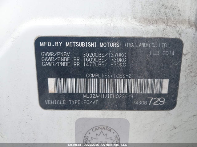 2014 Mitsubishi Mirage Es მანქანა იყიდება აუქციონზე, vin: ML32A4HJ1EH022613, აუქციონის ნომერი: 12559558