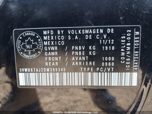 2013 Volkswagen Jetta Se მანქანა იყიდება აუქციონზე, vin: 3VWDX7AJ2DM399345, აუქციონის ნომერი: 12559574