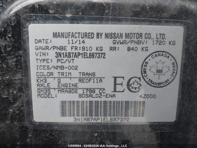 Продажа на аукционе авто 2014 Nissan Sentra S/sv/sr/sl, vin: 3N1AB7AP1EL697372, номер лота: 12559584