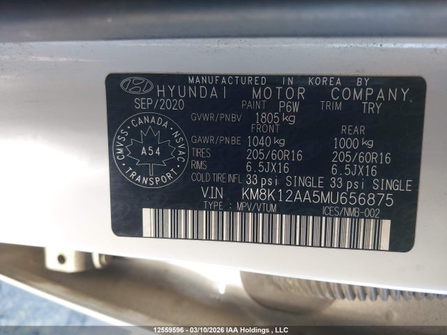 12559596 :رقم المزاد ، KM8K12AA5MU656875 vin ، 2021 Hyundai Kona Se مزاد بيع