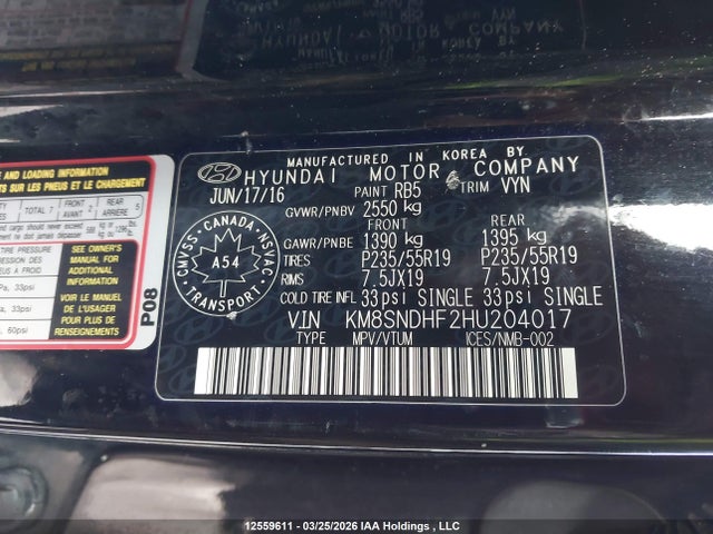 KM8SNDHF2HU204017 Hyundai Santa Fe Se/limited