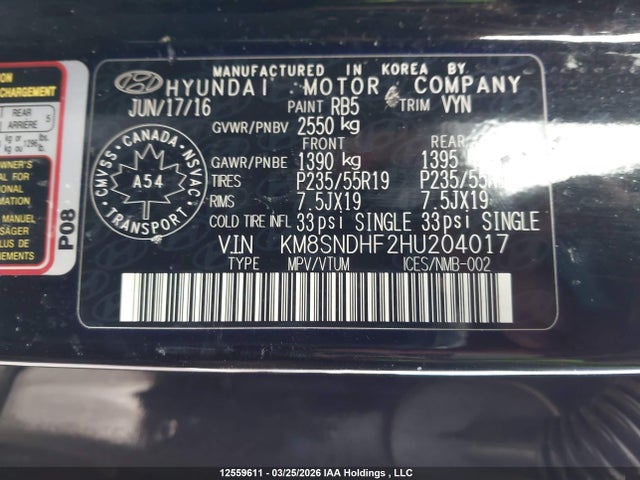 KM8SNDHF2HU204017 Hyundai Santa Fe Se/limited