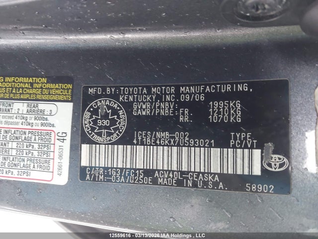 Aukcja sprzedaży 2007 Toyota Camry Ce/le/xle/se, vin: 4T1BE46KX7U593021, numer aukcji: 12559616