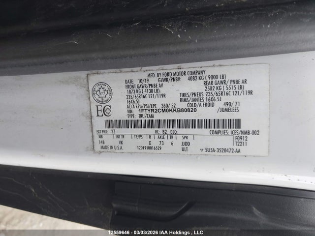 12559646 :رقم المزاد ، 1FTYR2CM0KKB80820 vin ، 2019 Ford Transit-250 مزاد بيع