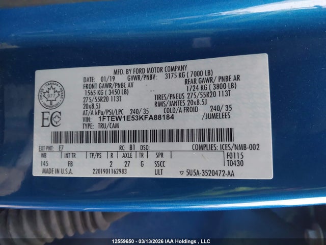 Продаж на аукціоні авто 2019 Ford F150 Supercrew, vin: 1FTEW1E53KFA88184, номер лоту: 12559650