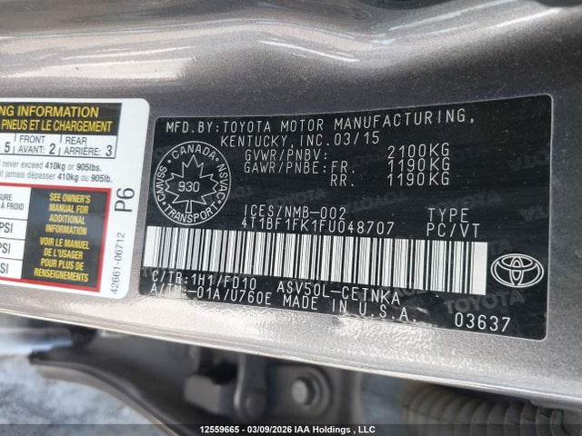 Продаж на аукціоні авто 2015 Toyota Camry, vin: 4T1BF1FK1FU048707, номер лоту: 12559665