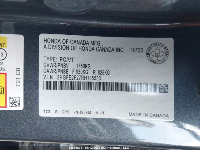 Продаж на аукціоні авто 2024 Honda Civic, vin: 2HGFE2F27RH105533, номер лоту: 12559671