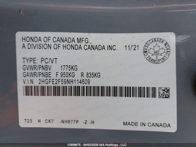Продаж на аукціоні авто 2022 Honda Civic Sport, vin: 2HGFE2F59NH114609, номер лоту: 12559675