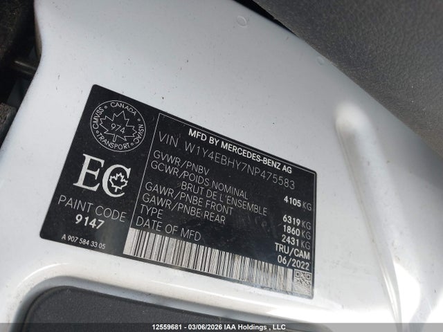 2022 Mercedes-benz Sprinter 2500 მანქანა იყიდება აუქციონზე, vin: W1Y4EBHY7NP475583, აუქციონის ნომერი: 12559681