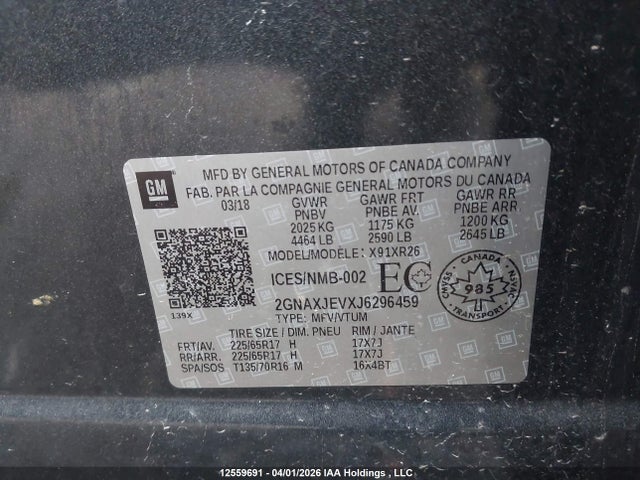 Продажа на аукционе авто 2018 Chevrolet Equinox Lt, vin: 2GNAXJEVXJ6296459, номер лота: 12559691