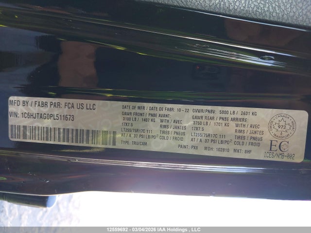 12559692 :رقم المزاد ، 1C6HJTAG0PL511673 vin ، 2023 Jeep Gladiator Willys مزاد بيع