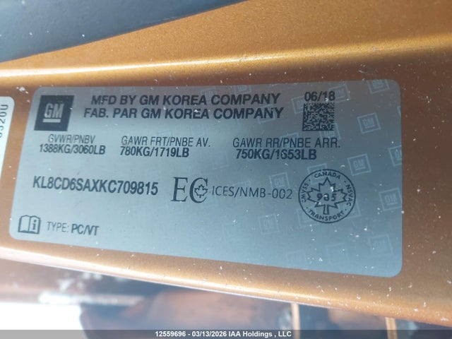Aukcja sprzedaży 2019 Chevrolet Spark 1lt, vin: KL8CD6SAXKC709815, numer aukcji: 12559696