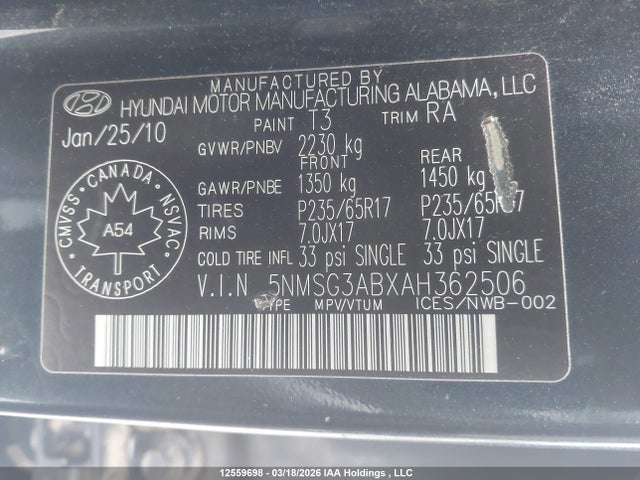 12559698 :رقم المزاد ، 5NMSG3ABXAH362506 vin ، 2010 Hyundai Santa Fe Gls مزاد بيع