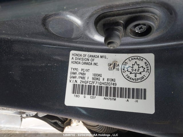 Продажа на аукционе авто 2016 Honda Civic Ex, vin: 2HGFC2F71GH020749, номер лота: 12559702