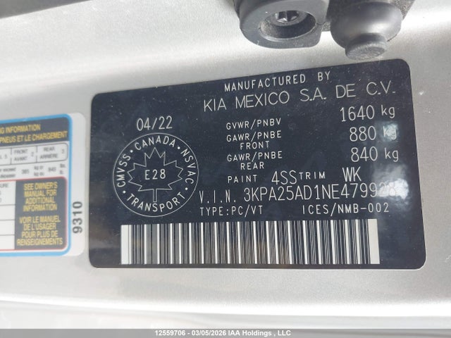3KPA25AD1NE479928 KIA Rio