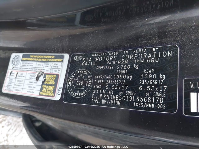 12559707 :رقم المزاد ، KNDMB5C19L6568178 vin ، 2020 Kia Sedona Lx/lx+ مزاد بيع