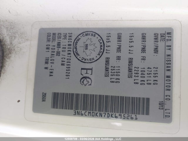 2013 Nissan Nv200 მანქანა იყიდება აუქციონზე, vin: 3N6CM0KN7DK695261, აუქციონის ნომერი: 12559709