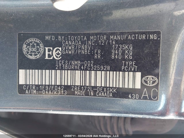 12559711 :رقم المزاد ، 2T1BURHE4FC325928 vin ، 2015 Toyota Corolla مزاد بيع